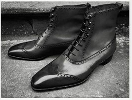 Men Handmade Fashion Black Color Ankle Wingtip Leather Lace Up Shoes - £128.28 GBP+