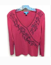 Dress Barn Red Black Beaded Design Pullover V-Neck Sweater Long Sleeve Sz M - $17.81