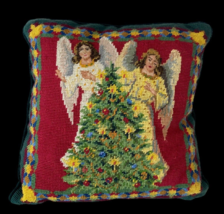 Vintage Tapestry Throw Pillow Angels Christmas Tree Velvet Back Green Red 12x12&quot; - £36.23 GBP