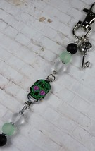 Sugar Skull Skeleton Key Purse Charm Bag Clip Frosted Glass Green Black New - $16.82