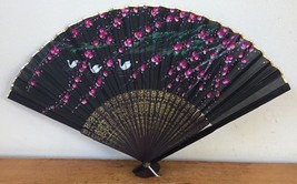 Vtg Antique Handpainted Wood Cloth Asian Japanese Chinese Sensu Fold Out Fan - £100.53 GBP