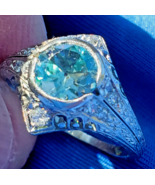 EARTH MINED Blue Zircon DIAMOND Platinum Filigree ORIGINAL DECO Engageme... - $21,845.25