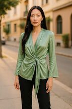Zara Green Satin Mini Long Sleeve Tie Waist Party Cocktail Blouse Work S... - €23,93 EUR
