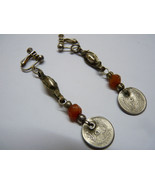 Pair of Vintage Silver Islamic Arabic Earrings Set w/ Amber, L 6 cm - $1,287.43 MXN