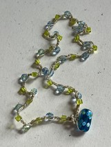 Thin Tan Crocheted Cord w Light Blue&amp; Green Beads Hippie Boho Necklace – 17 inch - £9.02 GBP