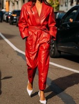 Red Pocket Belted Leather Women Genuine Jumpsuit 100% Decent Romper Stylish - £193.11 GBP+