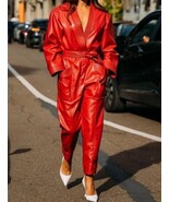 Red Pocket Belted Leather Women Genuine Jumpsuit 100% Decent Romper Stylish - $360.04 CAD+