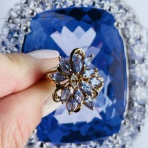 Estate 14K Gold Genuine Tanzanite &amp; Diamond Floral Cluster Cocktail Ring - £514.58 GBP