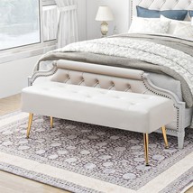 Modern Bed Bench Ottoman with White Ivory PU Leather Seat and Gold Metal Legs - $236.85 CAD