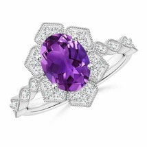 ANGARA Oval Amethyst Trillium Floral Shank Ring for Women in 14K Solid Gold - £1,526.08 GBP