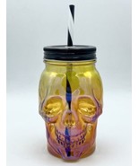 WTC Skull Glass Sipper Mason Jar Lid &amp; Straw Iridescent Orange/Purple Ha... - $13.65 CAD
