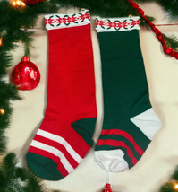 2 VINTAGE Christmas Stockings big 33inch Extra Long knitted Red/green Poinsettia - £16.28 GBP