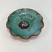 Guernsey Pottery Green Blue Dish With Brown Flower Decoration Ruffle Edge 6&quot; - £11.93 GBP