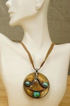 Hand Crafted Metal Brutalist Jewelry Faux Turquoise Brass Disc Necklace ... - $24.74