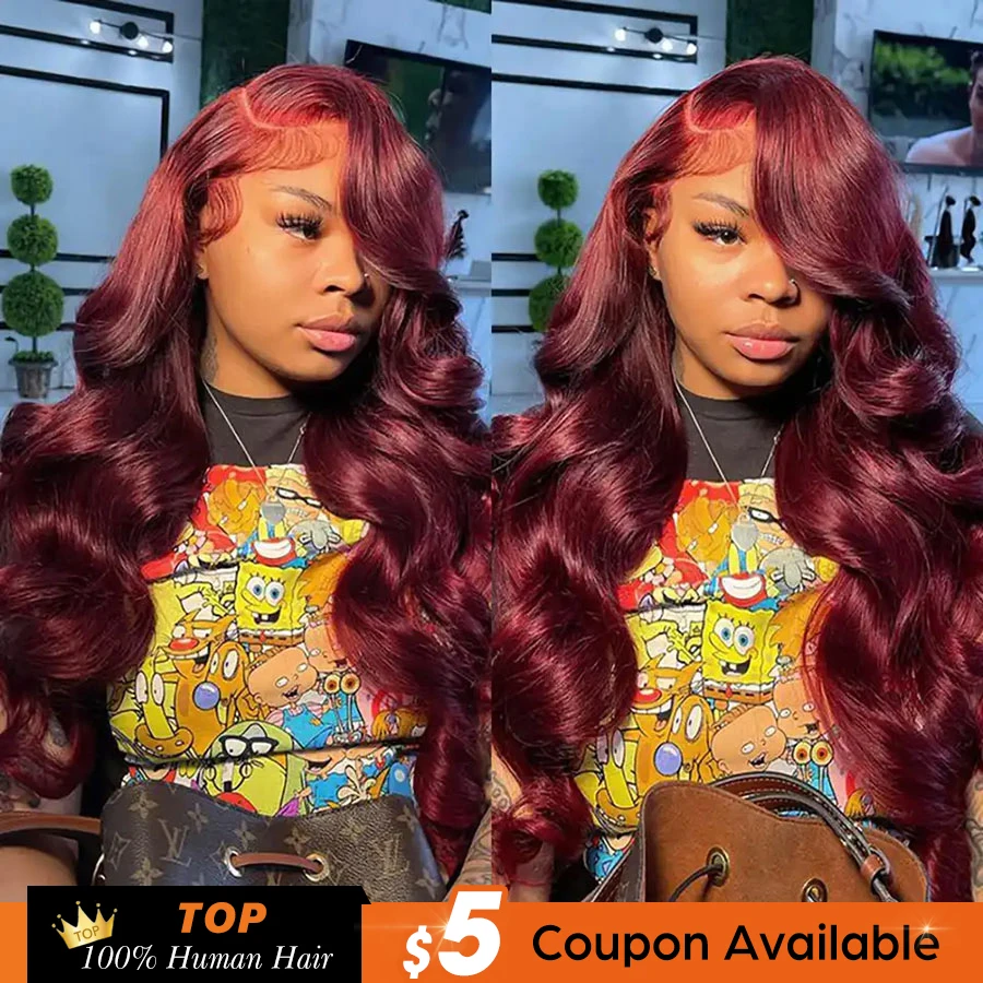 Dy wave wig burgundy lace front wig 13x4 hd transparent lace frontal wig human hair pre thumb200