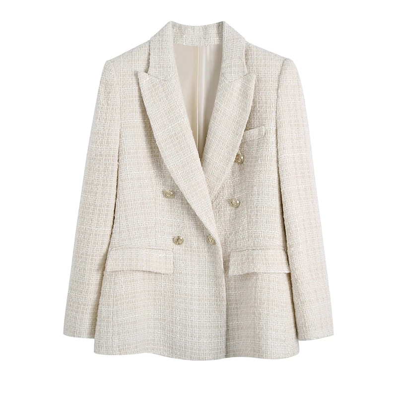 Tangada Women Vintage White Tweed Blazer Female Long Sleeve Elegant Jacket Ladie - £148.02 GBP