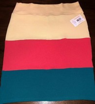 NWT LuLaRoe 3XL Yellow Coral Teal Wide Stripes Color Block Cassie Pencil Skirt - £25.37 GBP