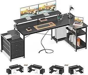 L Shaped Computer Desk With Power Outlets &amp; 3 Cloth Drawers, Reversible ... - $277.99