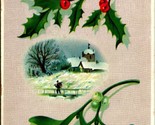 Mistletoe Holly Cabin Scene A Merry Christmas Embossed DB Postcard C4 - $6.88