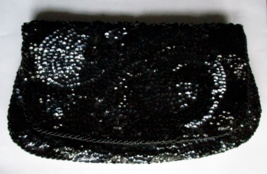 Black Swirl Bead Sequin Satin Purse Clutch Evening Formal Bag Foldover Zip up - £13.45 GBP