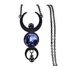 Triple Moon Goddess Necklace Black 316L Stainless Steel Pagan Wicca Pendant - £13.56 GBP