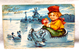 New Year Postcard Boy Inside Wooden Shoe Boat Mica Glitter Windmill Dutch Child - $32.40