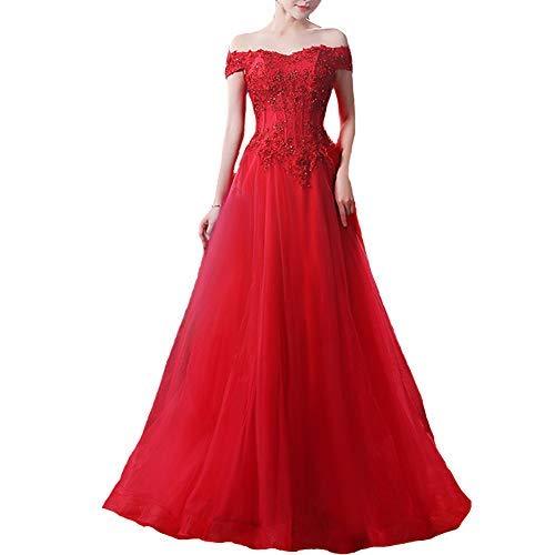 Tulle Beaded Lace Appliques Off The Shoulder Long Prom Evening Dresses Red US 2