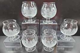 6 Toscany Clipper Small Brandy Glasses Set Clear Etch Nautical Sail Snifters Lot - £55.28 GBP