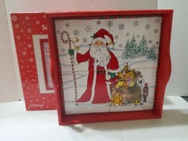JC Penney Christmas Ceramic Tile Tray Wooden Sides Santa and Toys Vintag... - $27.71