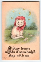 Dressed White Kitten Cat Postcard Outside Stars Crescent Moon Man 1915 Bergman - £13.41 GBP