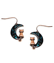 Oxidized Copper Cat and Moon Dangle Earrings - £9.81 GBP
