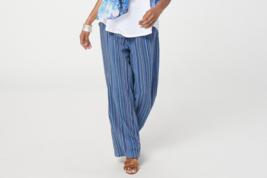 Isaac Mizrahi Live! Stripe Linen/Rayon Wide-Leg Pant Blue, Regular 8  A456262 - £14.04 GBP