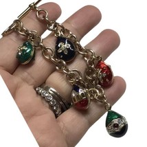 Red Blue Green Enamel Crystal Christmas Festive Egg Charm Bracelet 7.5&quot; 3/21 - £59.81 GBP