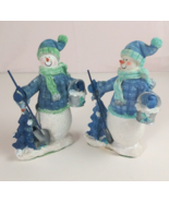 Vintage Set Of 2 Glittery Snowmen With Shovel &amp; Bucket By Tree 5&quot; Figurines - $354.39 MXN