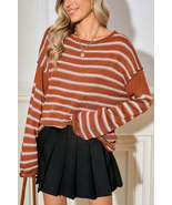 Green Stripe Casual Stripe Round Neck Drop Shoulder Sweater - $40.23