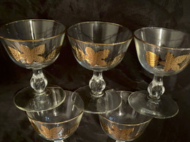 Libbey Wine Glass  Golden Foliage 4 -1/4&quot; x 3-1/2&quot;  Gold Trim Excellent (5) - £18.92 GBP