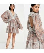 ASOS DESIGN lace detail mini dress with tiered skirt paisley print size ... - $65.11 CAD