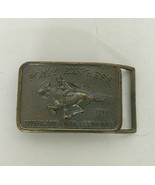 Vintage metal belt buckle pony express overland mail company horse and r... - $19.75