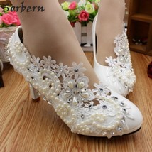 Elegant Pearls Lace Bridal Shoes High Heel Pump Crystals Luxury Ladies Wedding S - £97.73 GBP