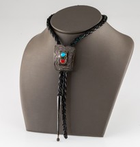 Sterling Silver Turquoise and Coral Braided Leather Bolo Tie - $10,181.37 MXN