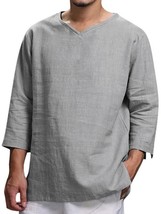 Men&#39;s Casual Plain V Neck Three Quarter Sleeve Linen T-Shirt - $20.99