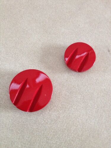 Primary image for Pair Vintage Mid Century Art Deco Cherry Red Plastic Shank Buttons 2.25cm 1.75cm