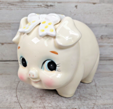 Vintage Lefton MCM Anthropomorphic Piggy Bank Pig w/ Yellow Polka Dot Bow - £29.37 GBP