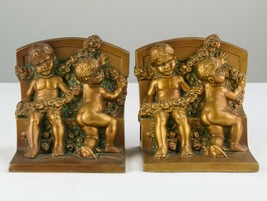 Antique Bronze KO Bookends Set, Kronheim and Oldenbusch Cherubs w Rose Garlands - £125.86 GBP