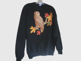 Owl Leaves Fall Autumn Nature Print Sweatshirt Womens XL Jerzees Black - £9.90 GBP