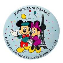 Disneyland Paris Mickey Minnie Birthday Button 1992 64th Eiffel Tower Euro 3” - $5.88