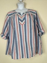 NWT Catherines Womens Plus Size 3X Blue/Red Stripe Woven V-neck Top Elbow Sleeve - £22.16 GBP