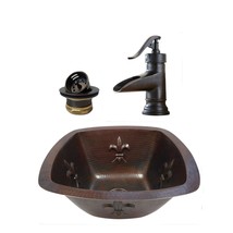 15&quot; Square Copper Kitchen Bar Sink with Fleur De Lis Design, Drain &amp; Fau... - £275.18 GBP