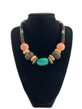 Faux Turquoise Beaded Necklace 17&quot; Wood Silver Tone Toggle Clasp Southwestern - £11.84 GBP