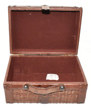 Vintage Leather Wicker Storage Trunk Brown 12&quot; x 8&quot; Storage Case w Snap Closure - £15.15 GBP